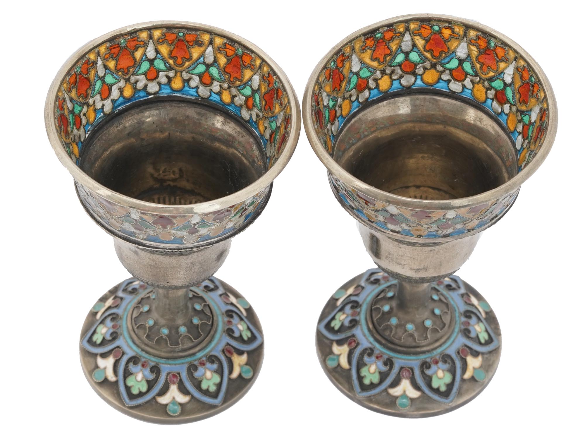 PAIR OF RUSSIAN SILVER ENAMEL SHOT CUP GOBLETS PIC-1